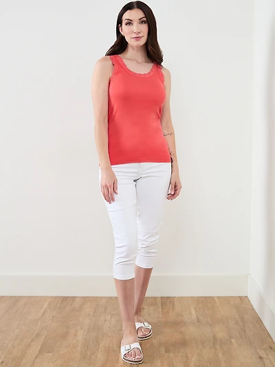 Stretch-Cotton Tank with Lace in Papaya