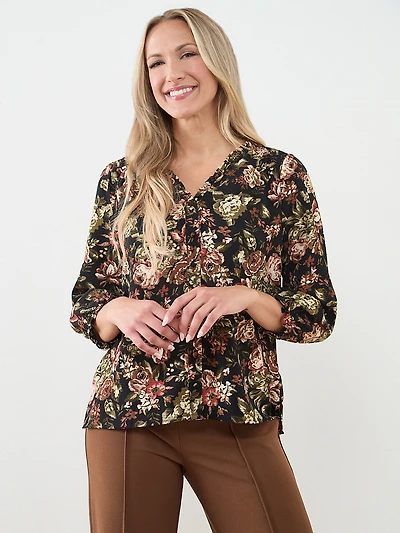 3/4 Sleeve Ruffle Trim Blouse in Black Floral