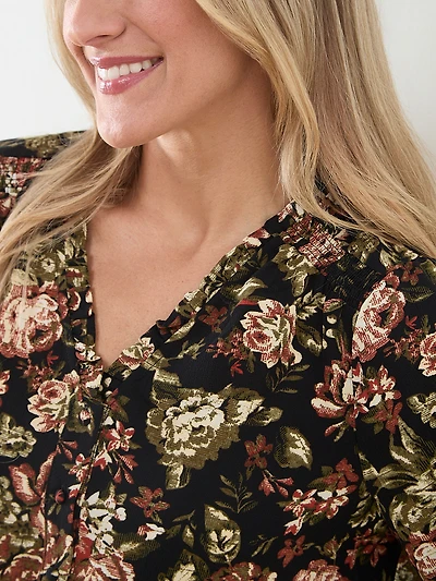 3/4 Sleeve Ruffle Trim Blouse in Black Floral