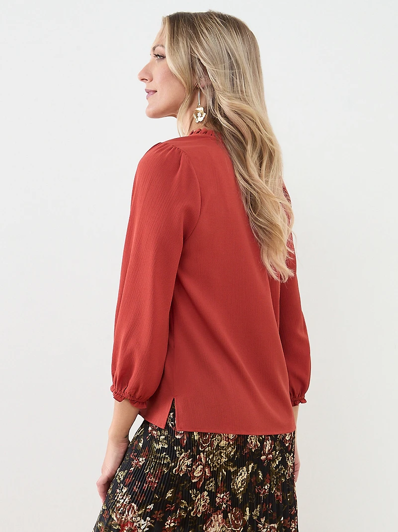 3/4 Sleeve Ruffle Trim Blouse