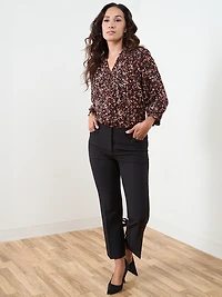 Petite 3/4 Sleeve Ruffle-Trim Blouse in Black Ditzy Floral