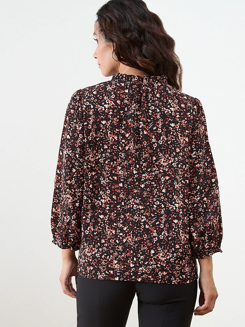 Petite 3/4 Sleeve Ruffle-Trim Blouse in Black Ditzy Floral