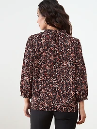 Petite 3/4 Sleeve Ruffle-Trim Blouse in Black Ditzy Floral