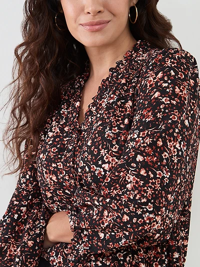 Petite 3/4 Sleeve Ruffle-Trim Blouse in Black Ditzy Floral