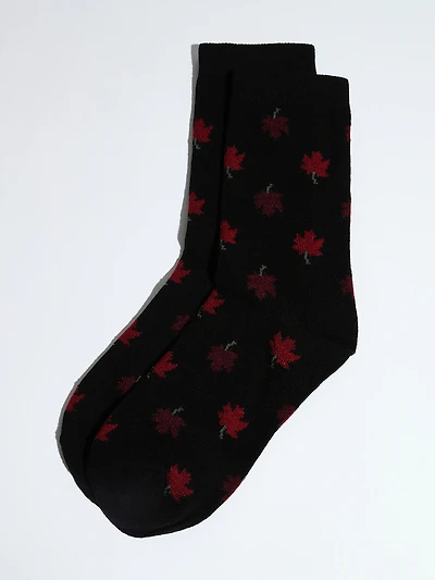 Black Crew Socks with Fall Leaf Print