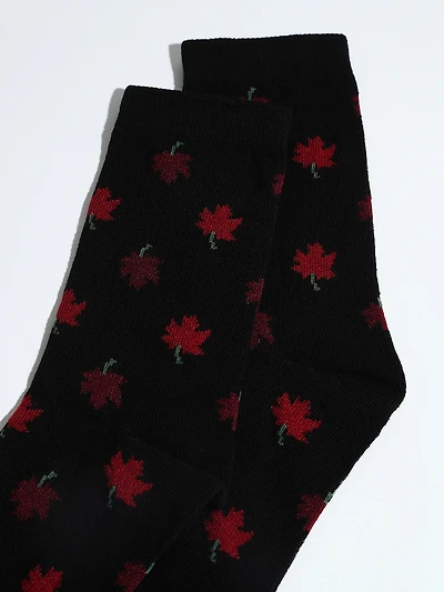 Black Crew Socks with Fall Leaf Print