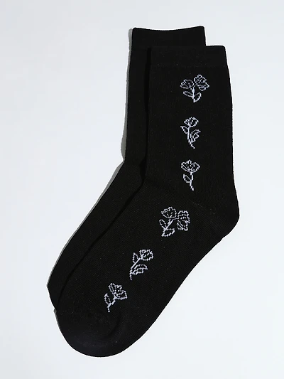 Black Crew Socks with White Flowers