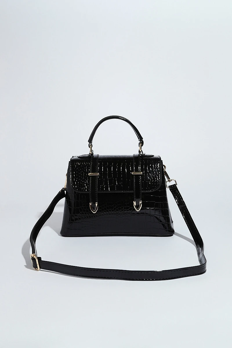 Black Top Closure Croco Handbag