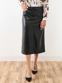Black Vegan Leather Front Slit Skirt