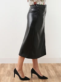 Black Vegan Leather Front Slit Skirt