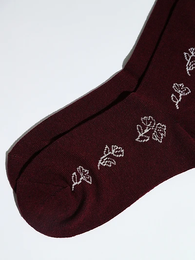 Dark Cherry Crew Socks with White Flowers