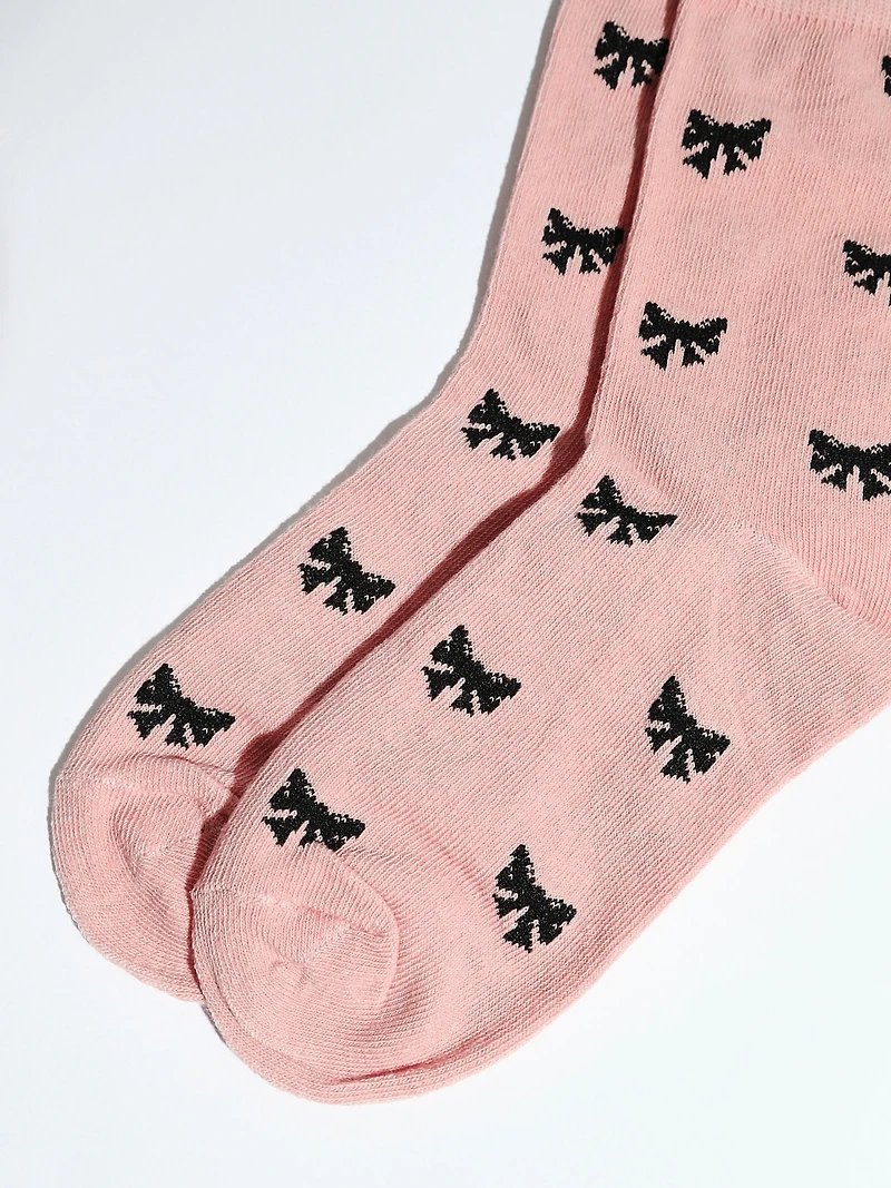 Dusty Pink Crew Socks with Black Bows