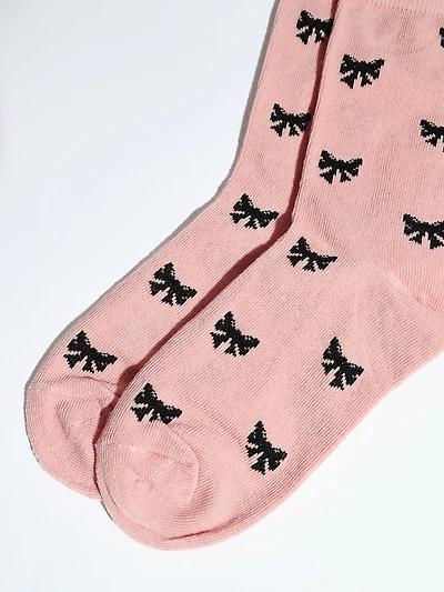 Dusty Pink Crew Socks with Black Bows
