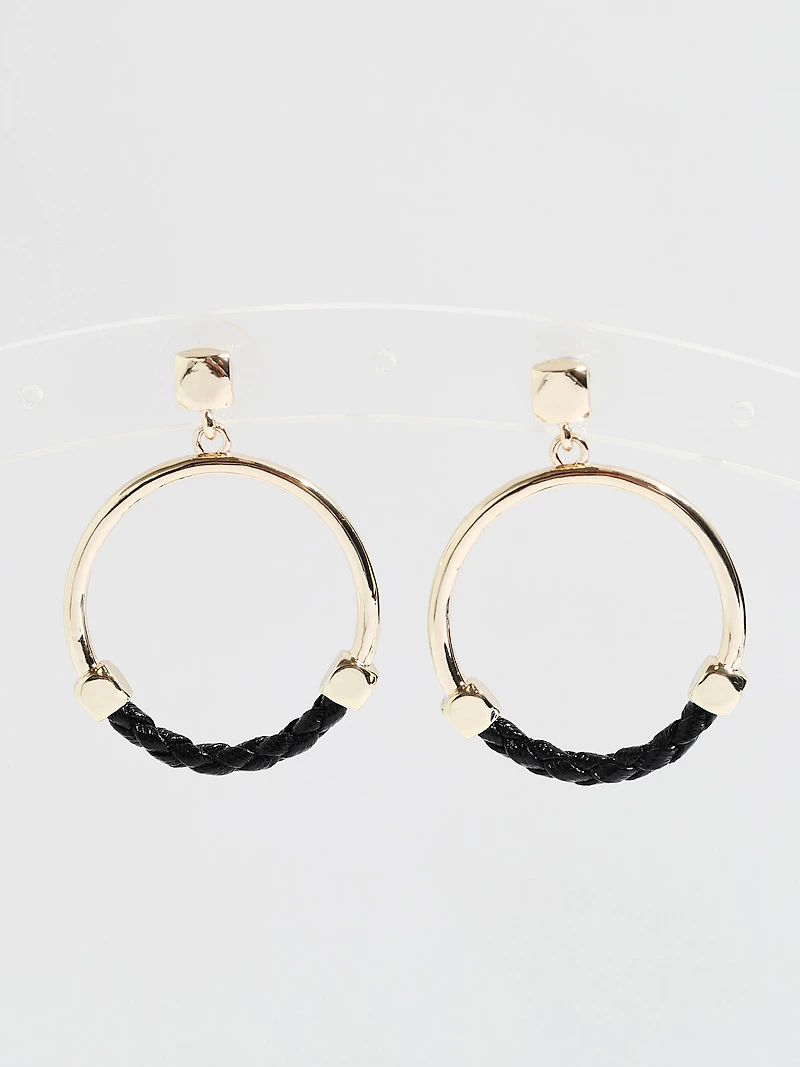 Gold & Black Leather Hoop Earrings