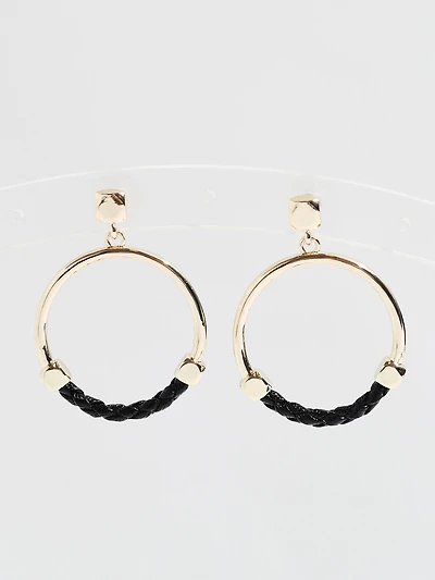 Gold & Black Leather Hoop Earrings