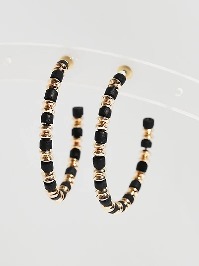 Gold & Black Stone Hoop Earrings