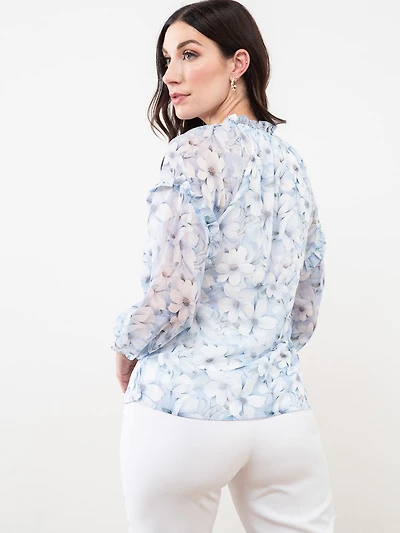 Long Sleeve Chiffon Ruffle Blouse in Blue Floral