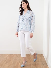 Long Sleeve Chiffon Ruffle Blouse in Blue Floral