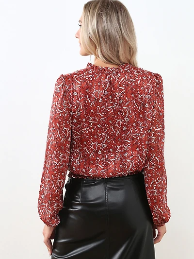 Long Sleeve Chiffon Smocked Hem Blouse