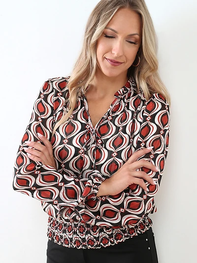 Long Sleeve Chiffon Smocked-Hem Blouse