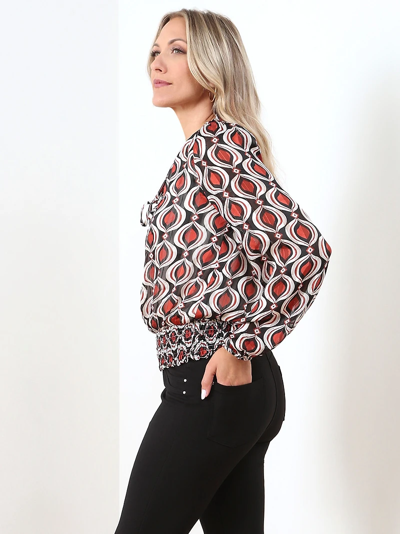 Long Sleeve Chiffon Smocked-Hem Blouse