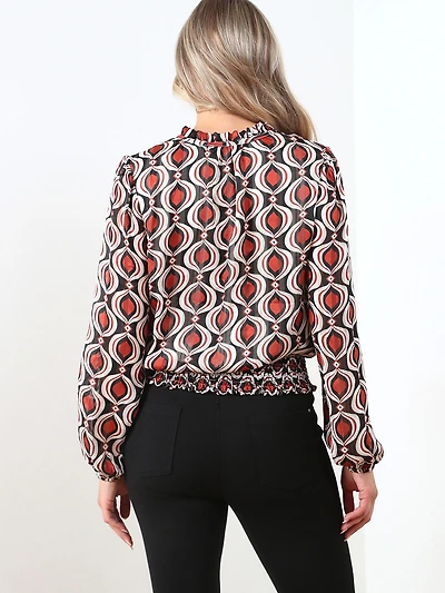 Long Sleeve Chiffon Smocked-Hem Blouse