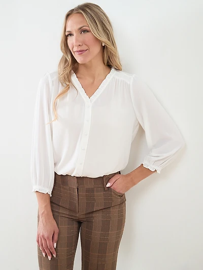 Long Sleeve Ruffle-Trim Blouse in Ivory