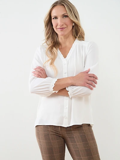 Long Sleeve Ruffle-Trim Blouse in Ivory