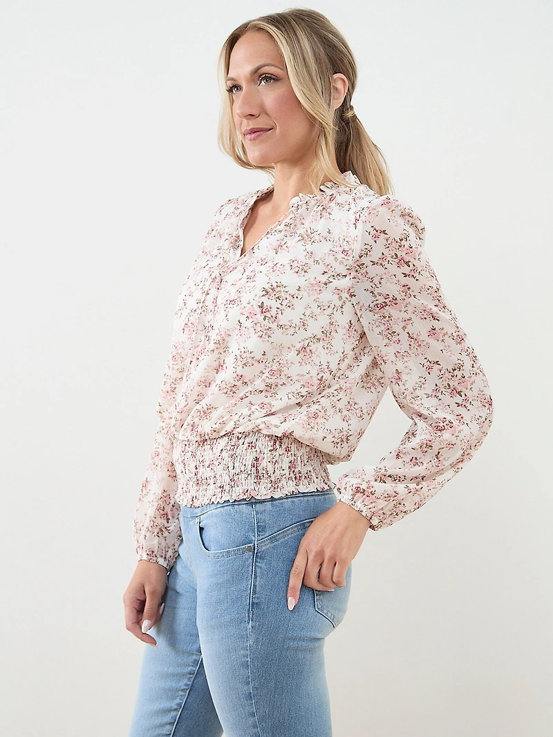 Long Sleeve Split Neck Chiffon Blouse