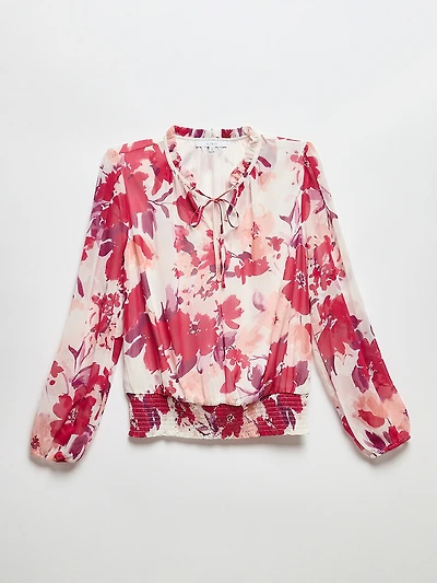 Long Sleeved Split Neck Chiffon Blouse