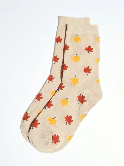 Oatmeal Crew Socks with Fall Leaf Print