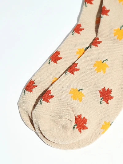 Oatmeal Crew Socks with Fall Leaf Print
