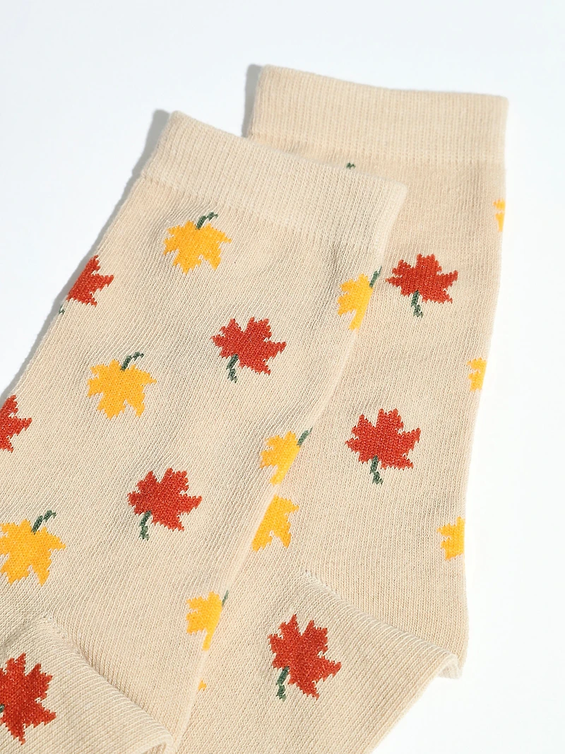 Oatmeal Crew Socks with Fall Leaf Print