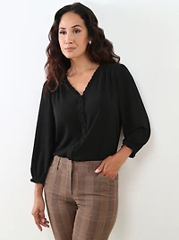 Petite 3/4 Sleeve Ruffle-Trim Blouse in Black