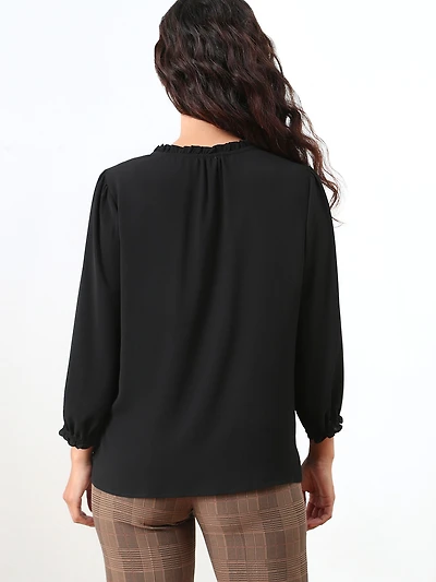 Petite 3/4 Sleeve Ruffle-Trim Blouse in Black