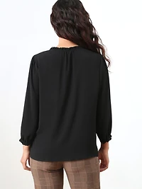 Petite 3/4 Sleeve Ruffle-Trim Blouse in Black