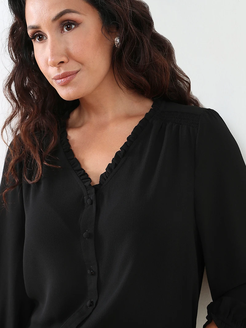 Petite 3/4 Sleeve Ruffle-Trim Blouse in Black