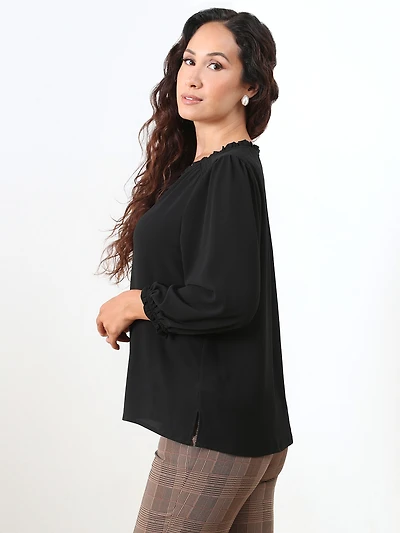 Petite 3/4 Sleeve Ruffle-Trim Blouse in Black