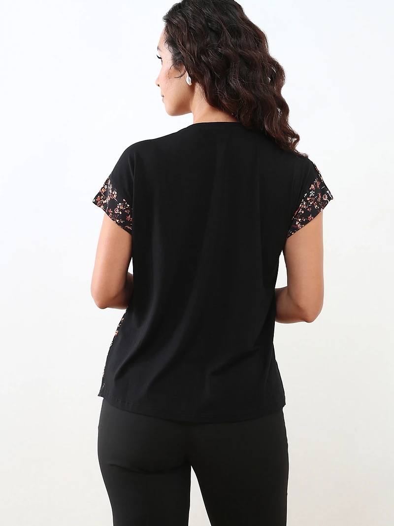 Petite Cap Sleeve Round Neck Mixed Media Top