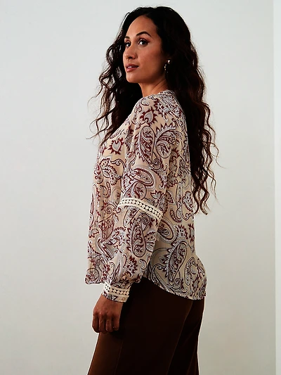 Petite Crochet Detail Long Sleeve Blouse