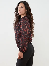 Petite Long Sleeve Chiffon Smocked Blouse