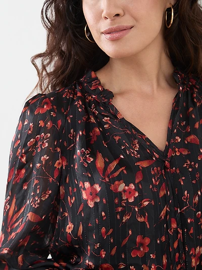 Petite Long Sleeve Chiffon Smocked Blouse