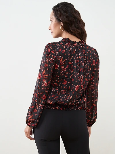 Petite Long Sleeve Chiffon Smocked Blouse