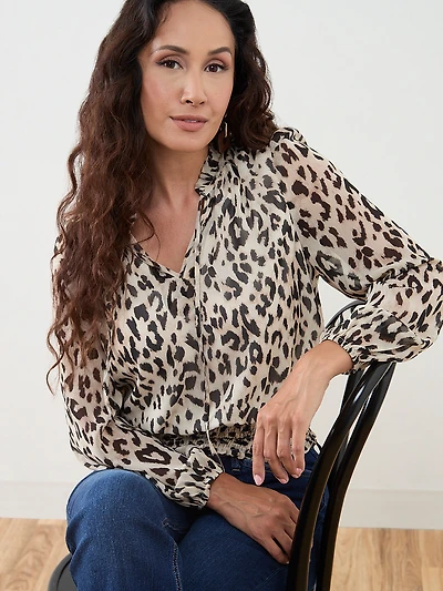 Petite Long Sleeve Split Neck Chiffon Blouse