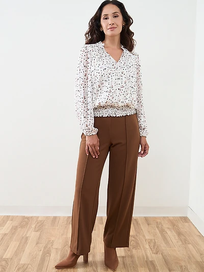 Petite Long Sleeved Chiffon Smocked Blouse