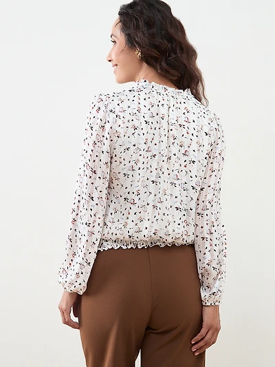 Petite Long Sleeved Chiffon Smocked Blouse