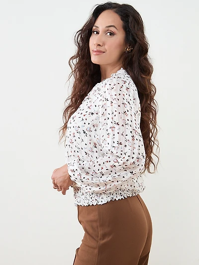 Petite Long Sleeved Chiffon Smocked Blouse