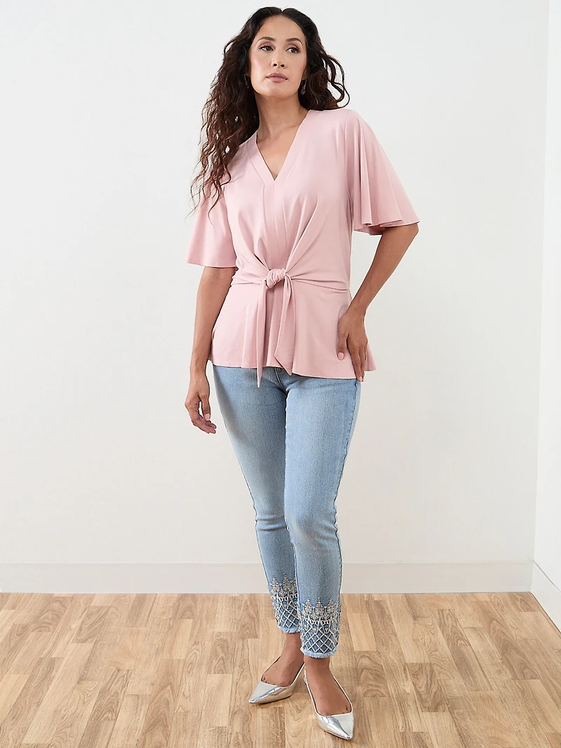 Petite Short Sleeve Tie Front Peplum Top