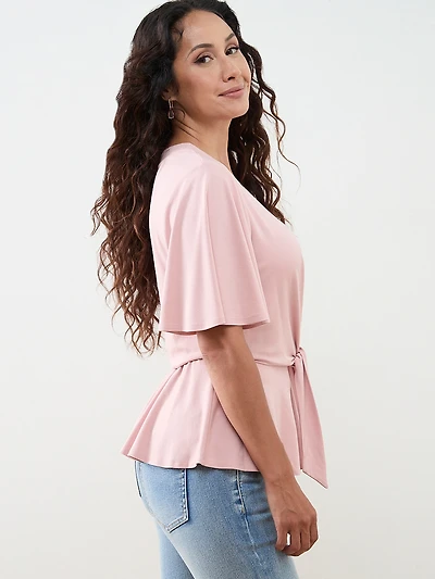 Petite Short Sleeve Tie Front Peplum Top