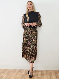 Satin Double Pleated Midi Skirt